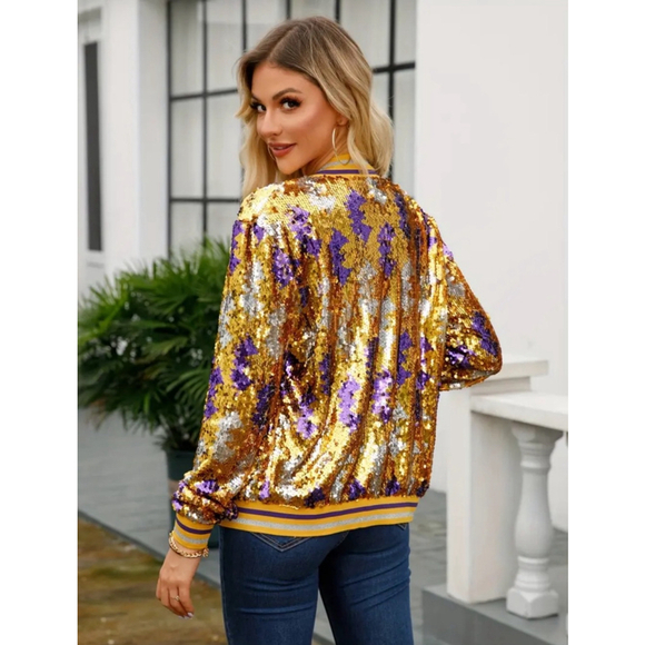 Gold, Purple and Silver Sequins Bomber Jacket - Picture 2 of 9